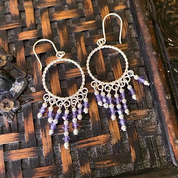 Bali Style Purple Crystal Sterling Silver Earrings - Picture 3 of 4